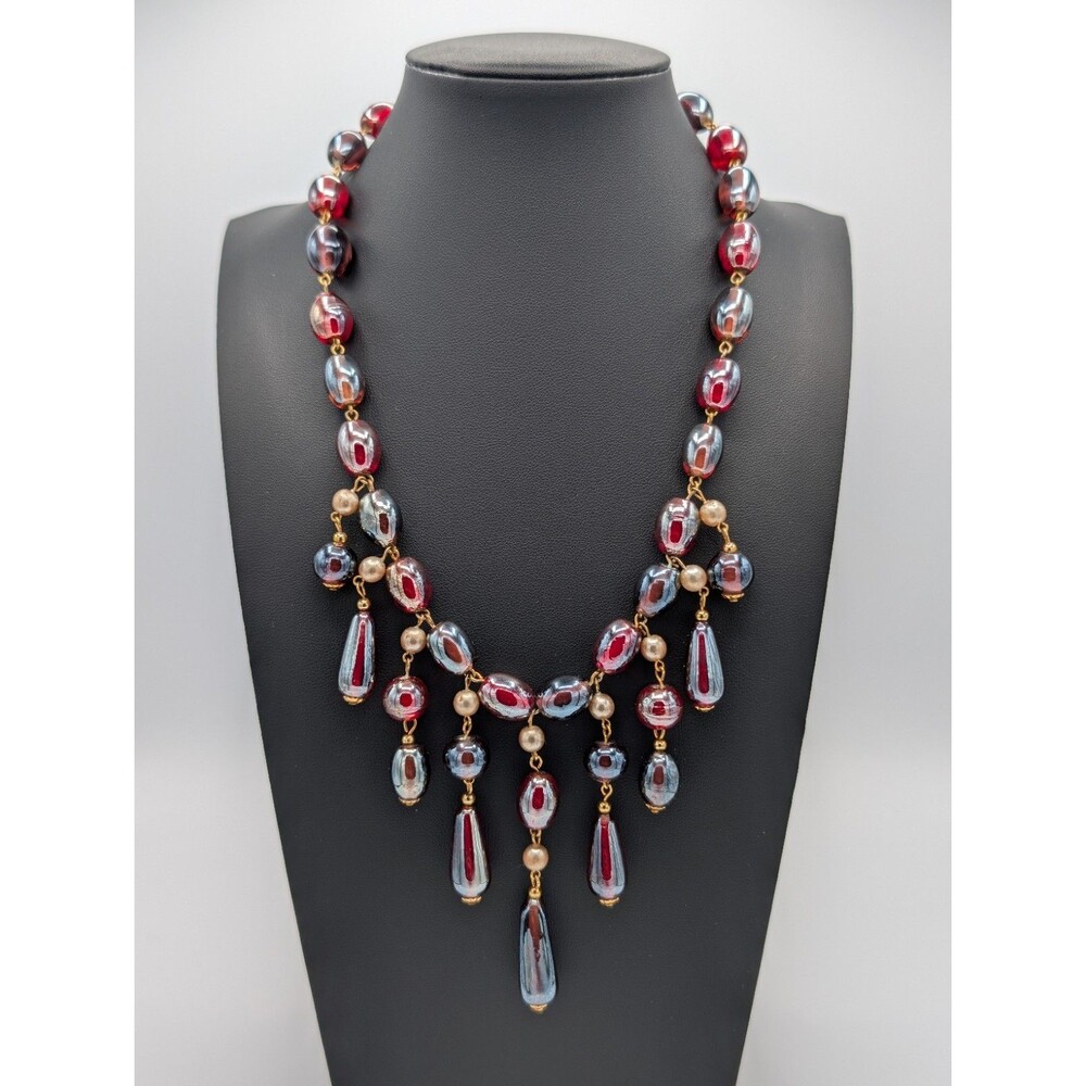 Vintage 1970s Iridescent Ruby Red Glass Pearl Bib Statement Necklace 17”